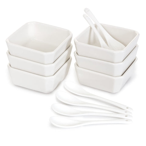 FAMHH 6oz white porcelain serving bowls, square design for sauces and desserts.