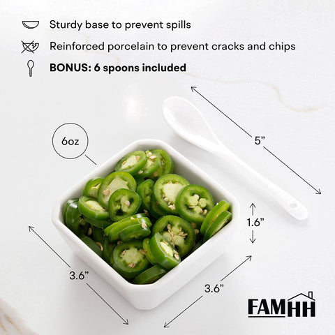 FAMHH porcelain spoons paired with bowls for dipping and tasting.