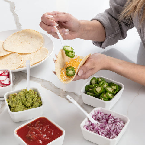FAMHH square white bowls elevate table presentation at Taco Tuesday and more.