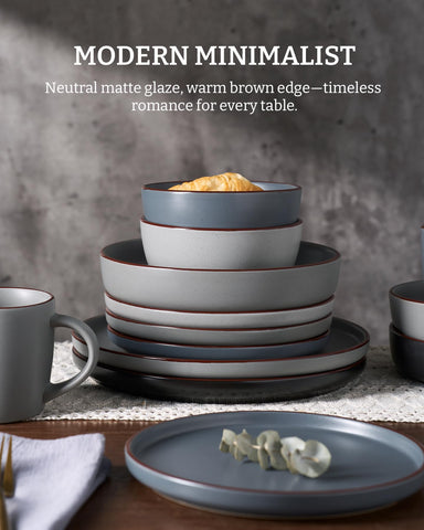 Handcrafted brown edge on Mercury dishes adds artsy warmth to meals.