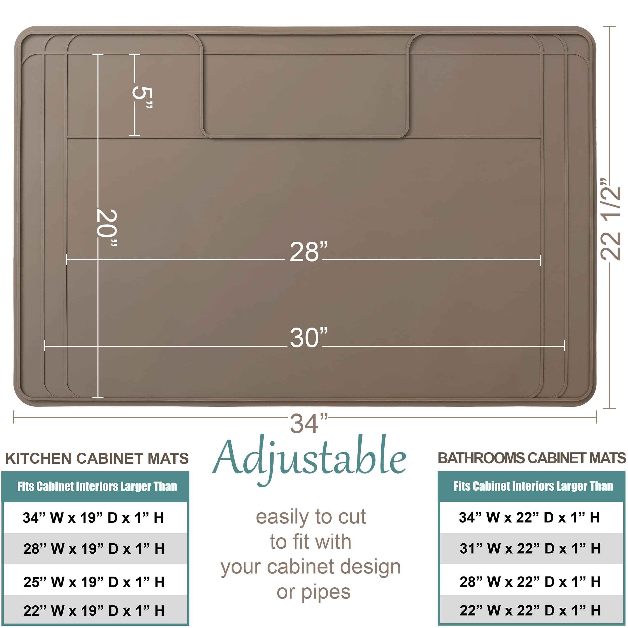 Famous Dino Under Sink Mat adjustable width fits standard cabinets and trims easily.
