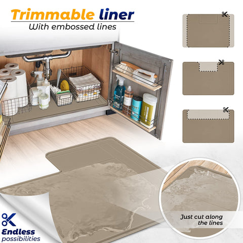 Famous Dino Under Sink Mat easy-cut edges tailor around pipes.