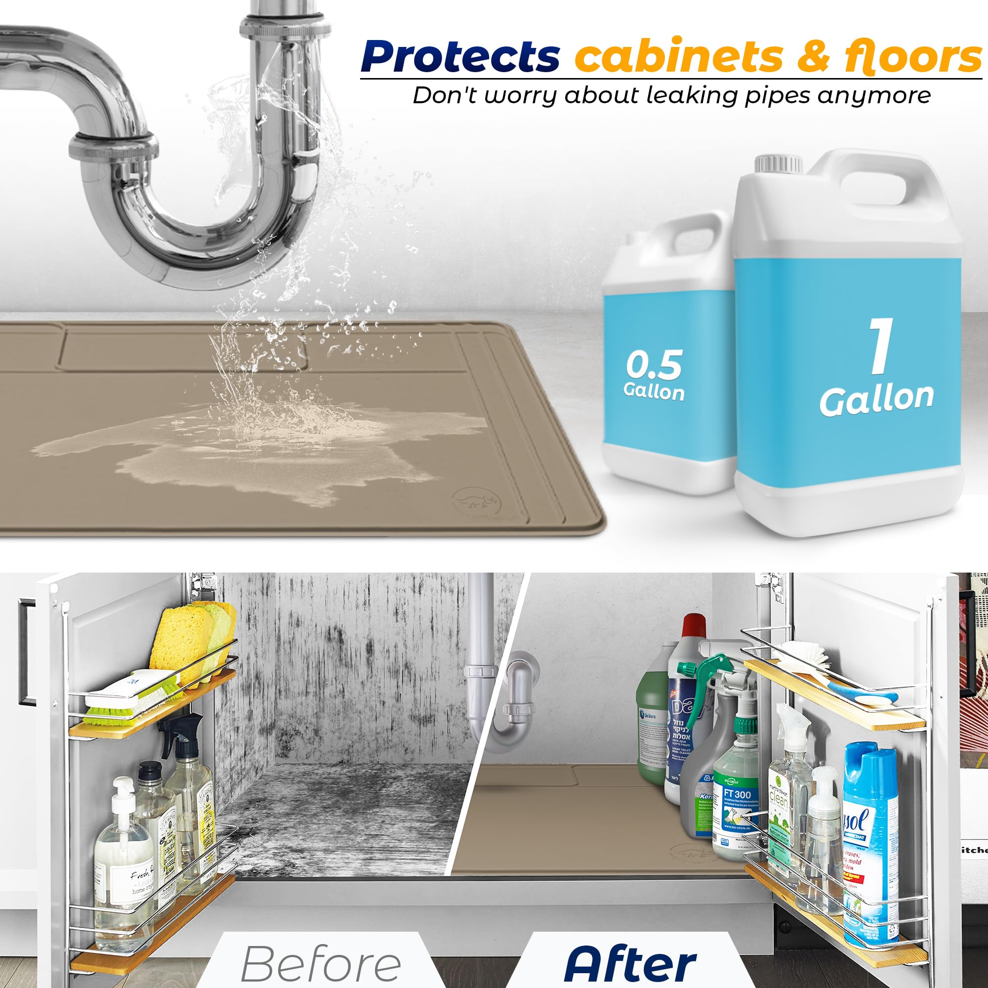 Famous Dino Under Sink Mat flexible silicone lies flat even with obstacles.