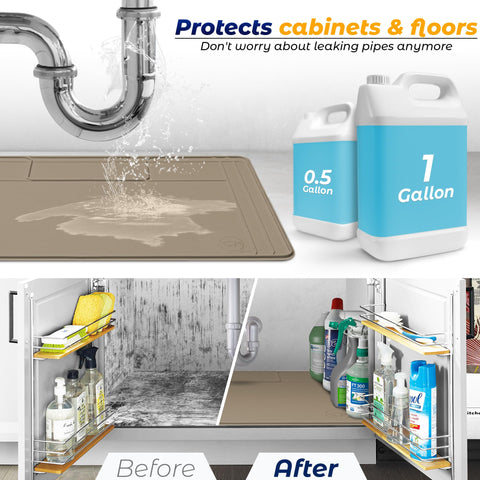 Famous Dino Under Sink Mat flexible silicone lies flat even with obstacles.