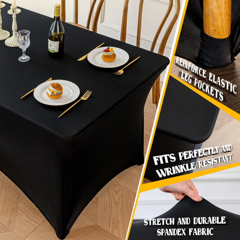 Famstar 6ft black tablecloth drapes neatly over a rectangular table for a polished look.