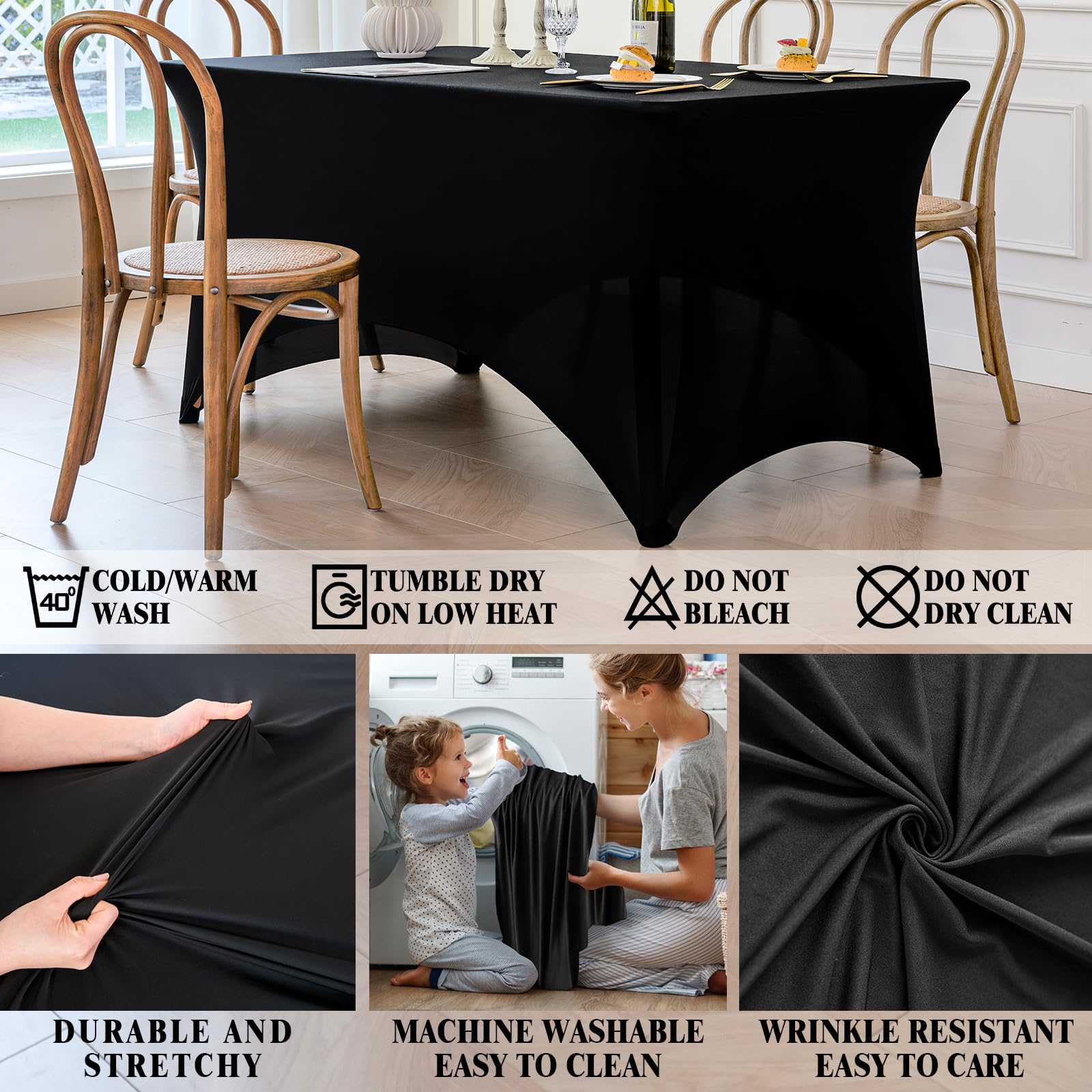 Famstar wrinkle-resistant fabric keeps surfaces smooth from setup to cleanup.