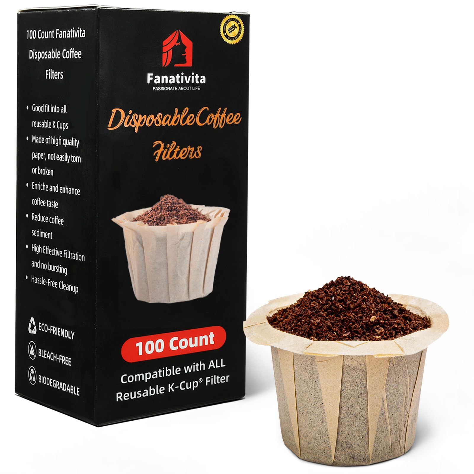 Fanativita 100-count K-Cup filters pack for easy, mess-free brewing.