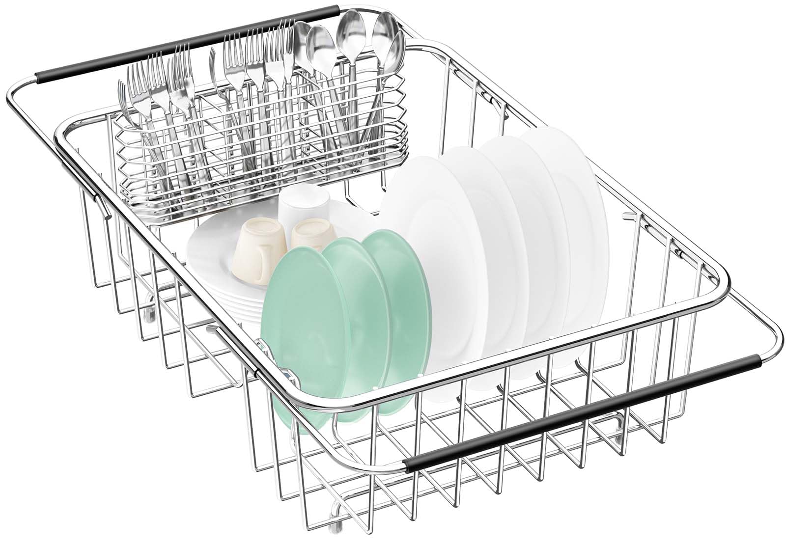 Fanbsy large dish drainer over-sink setup keeps dishes dry and organized.