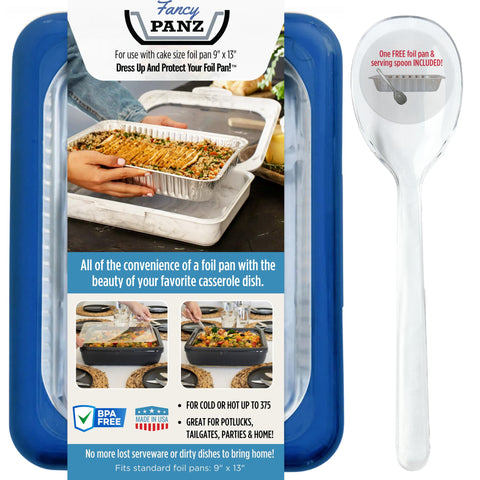 Fancy Panz denim blue 9x13x2 pan carrier keeps hot or cold foods transport-ready.