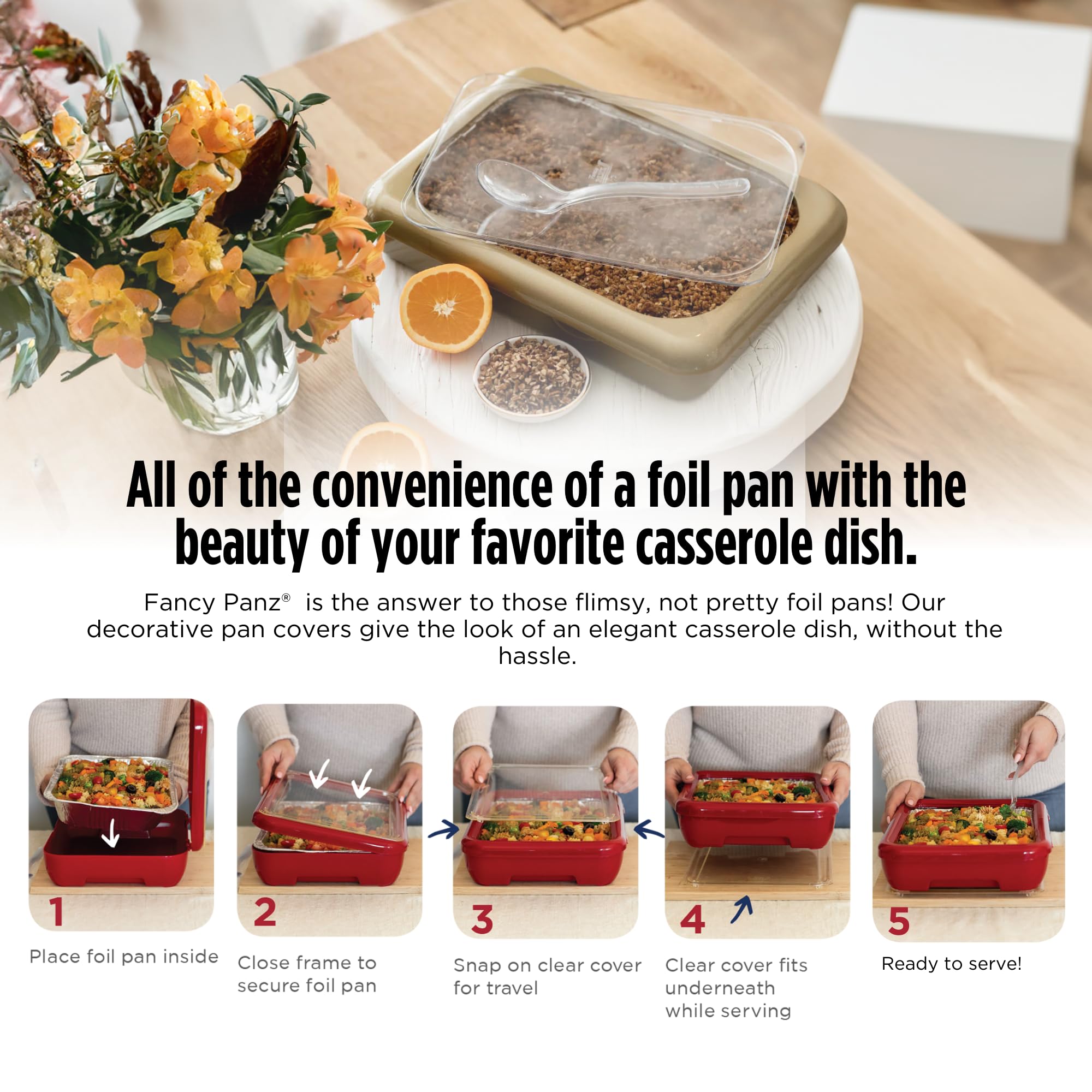 Fancy Panz denim blue lid-under-serve design keeps dishes neat and pest-free.