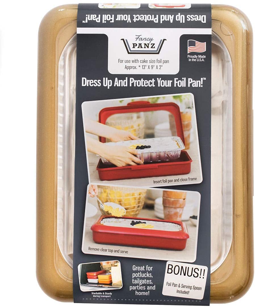 Fancy Panz gold glitter carrier holds 9x13 pans for effortless party-ready servings.