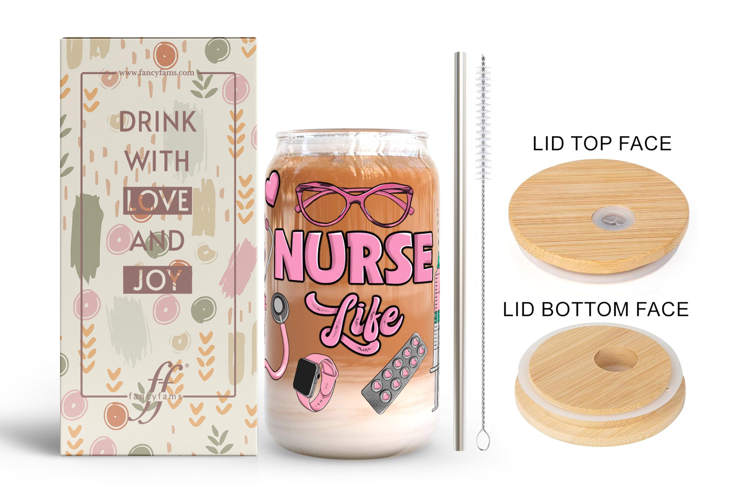 Fancyfams iced coffee cup designed for nursing students to enjoy on shifts.