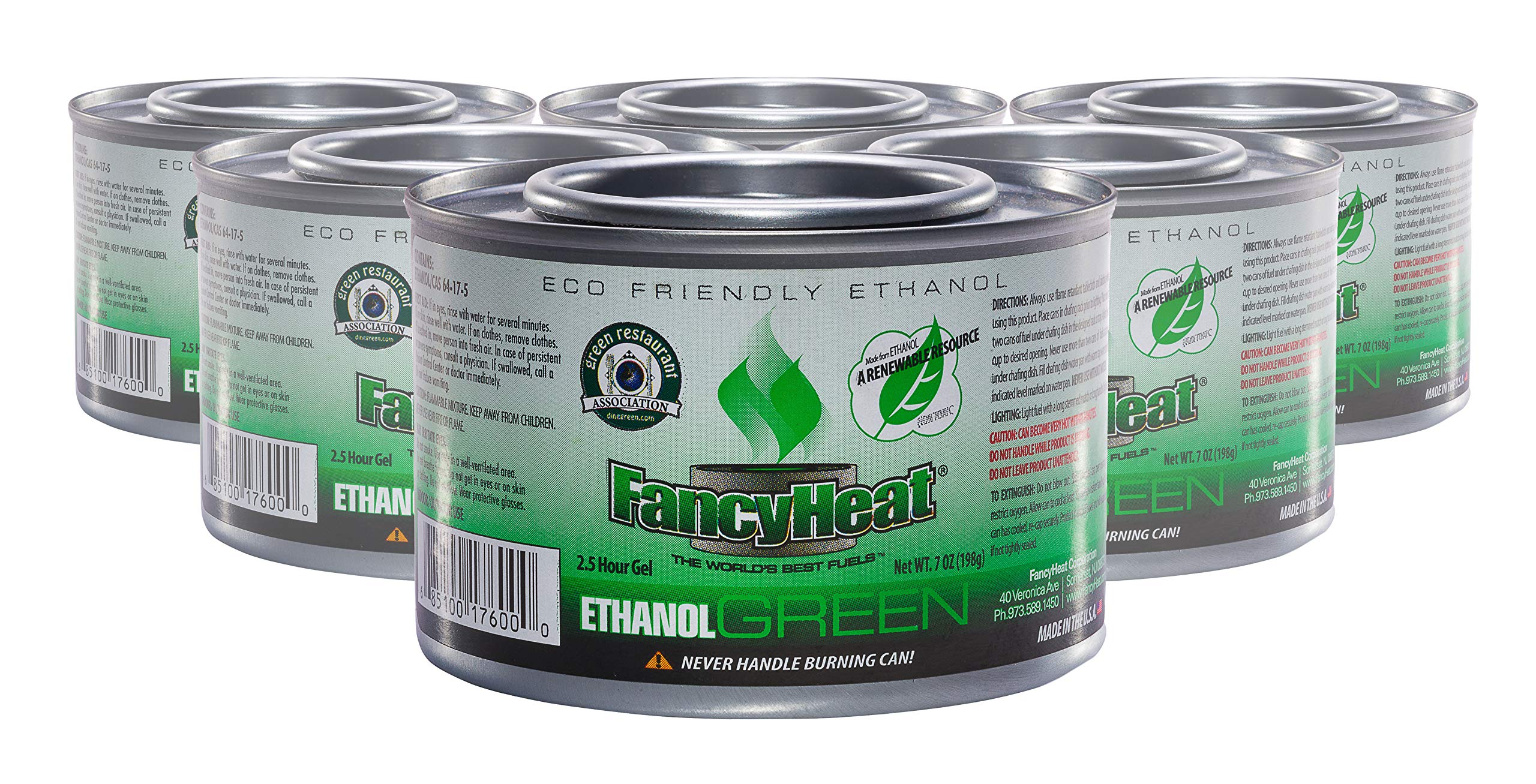 FancyHeat eco-friendly gel fuel cans in a 6-pack for hot dishes and events.