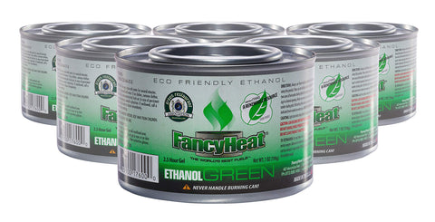 FancyHeat eco-friendly gel fuel cans in a 6-pack for hot dishes and events.