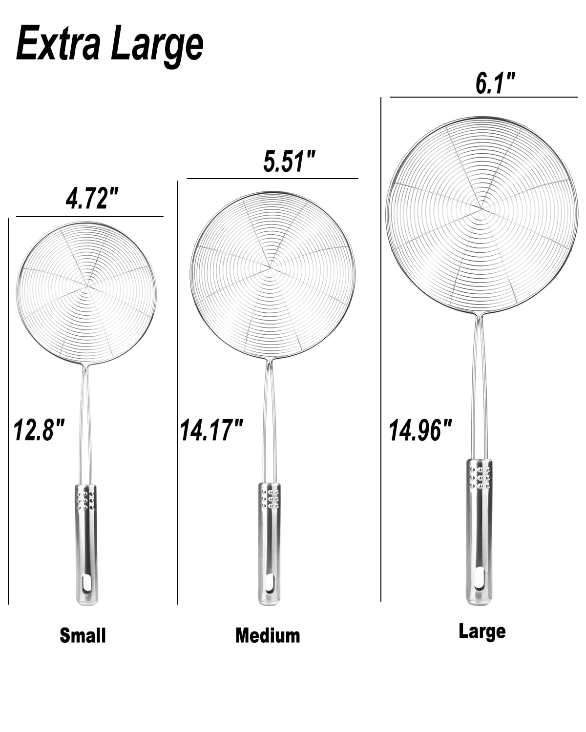 Fancymay stainless steel spider strainer close-up showing sturdy handle for safe frying