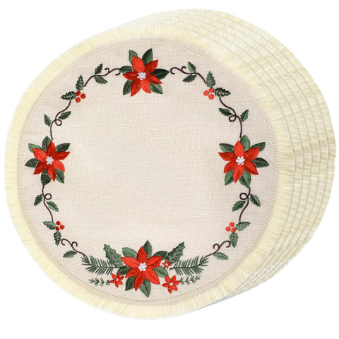 Fanfanwin round placemat with poinsettia embroidery for festive dining