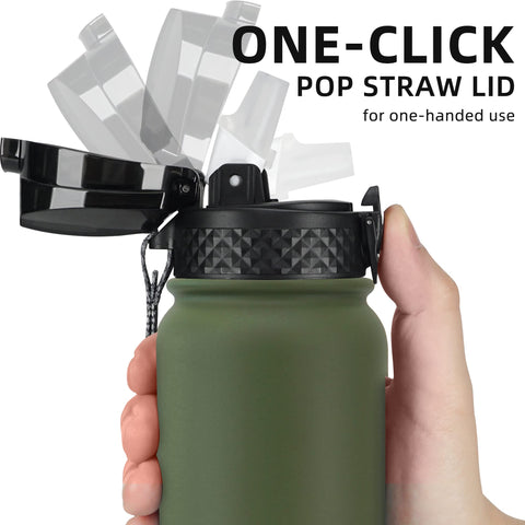 Fanhaw olive green bottle with dust-proof straw lid ideal for school bags.