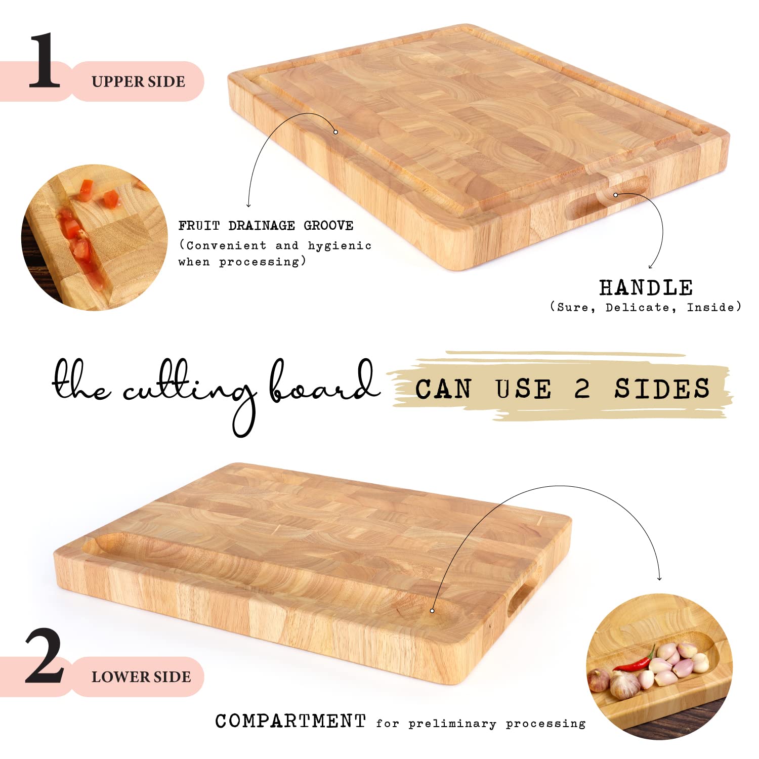 FANICHI End Grain Cutting Board built-in compartment closeup for dicing and staging