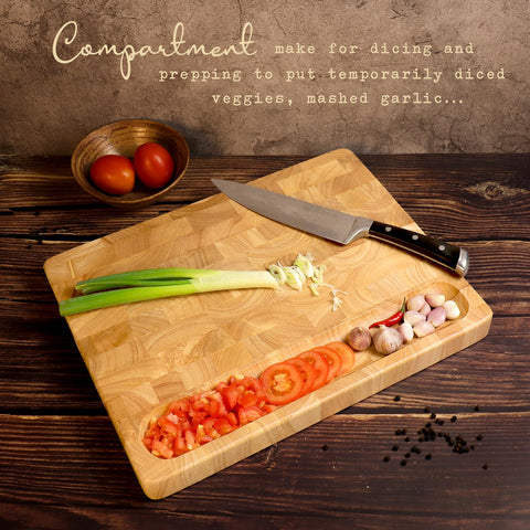 FANICHI End Grain Cutting Board serving tray with bread and fruit display