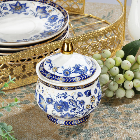Fanquare blue sugar bowl keeps sweeteners neatly at hand.