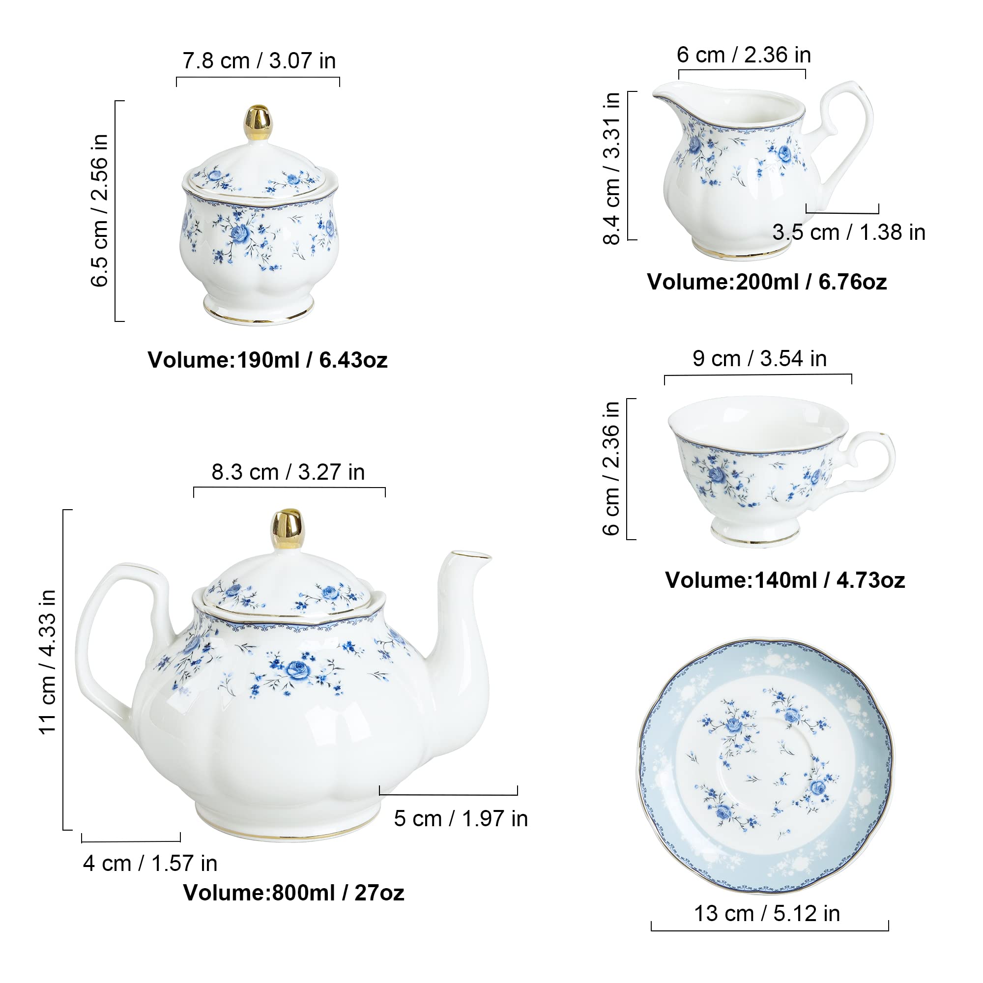 Fanquare blue rose tea set arranged for six guests