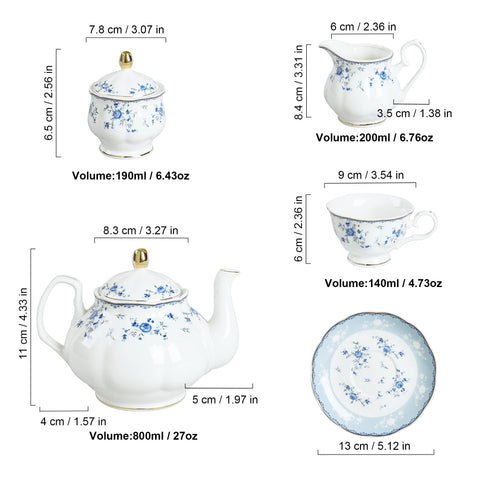 Fanquare blue rose tea set arranged for six guests