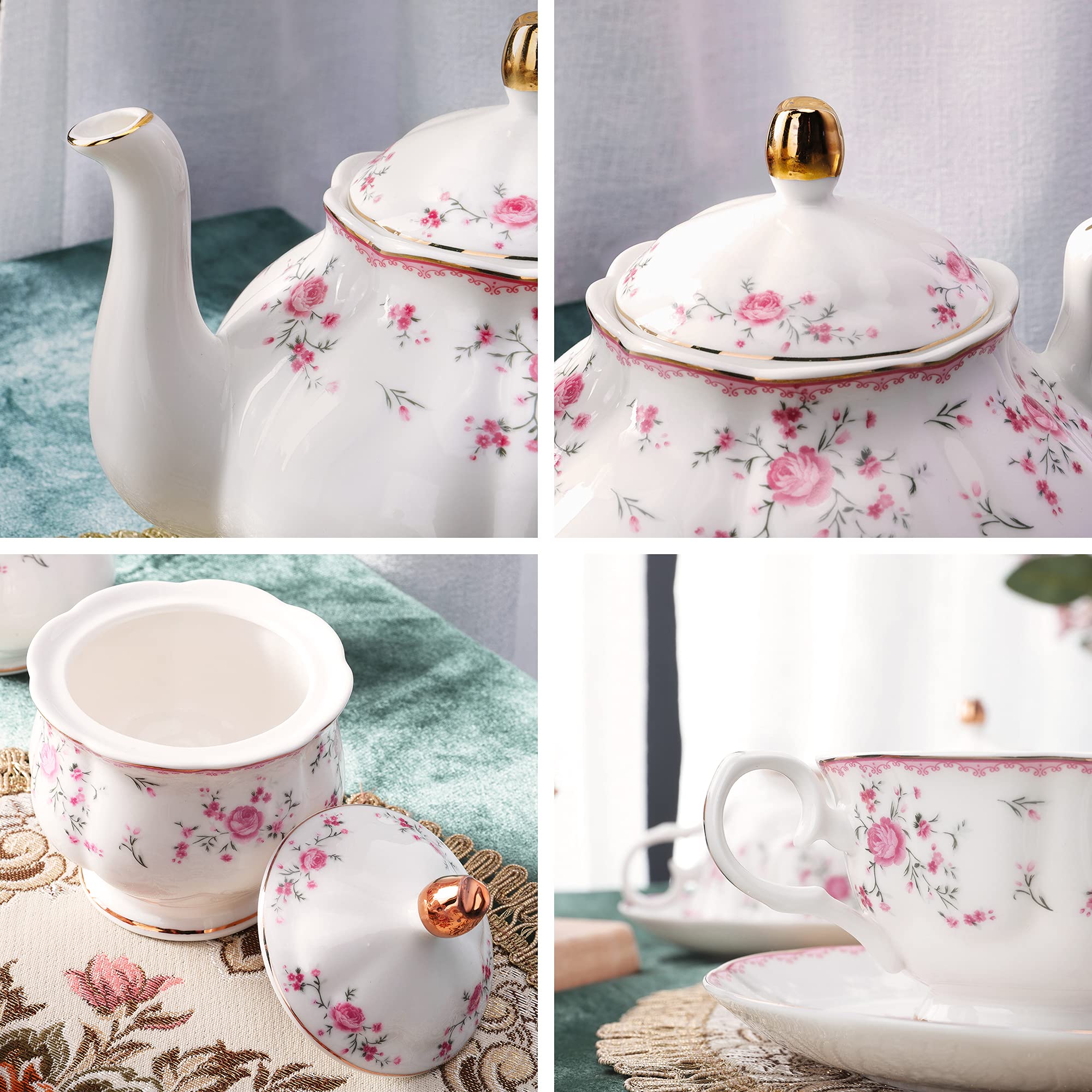 Fanquare Vintage Porcelain Tea Set cups in pink rose design for stylish servings.