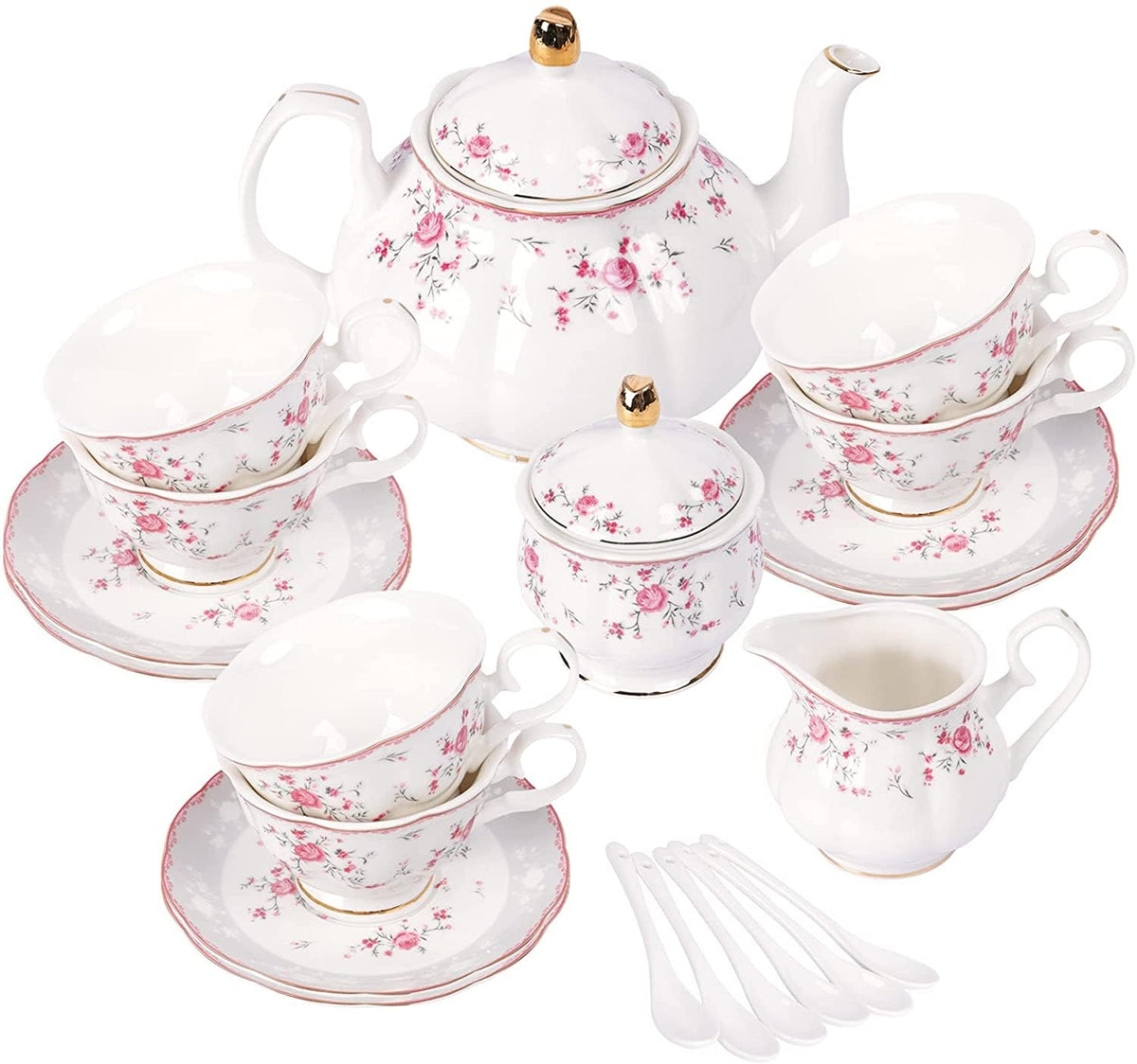 Fanquare Vintage Porcelain Tea Set teapot with pink rose, ideal for elegant gatherings.