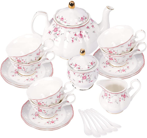 Fanquare Vintage Porcelain Tea Set teapot with pink rose, ideal for elegant gatherings.