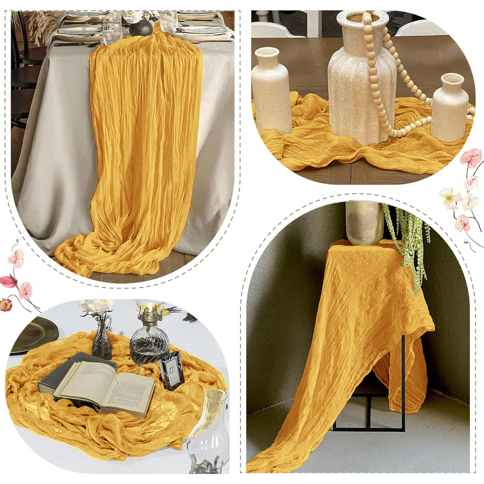 Wedding arch decorated with FANTEKE gold cheesecloth runner for graceful ambiance.