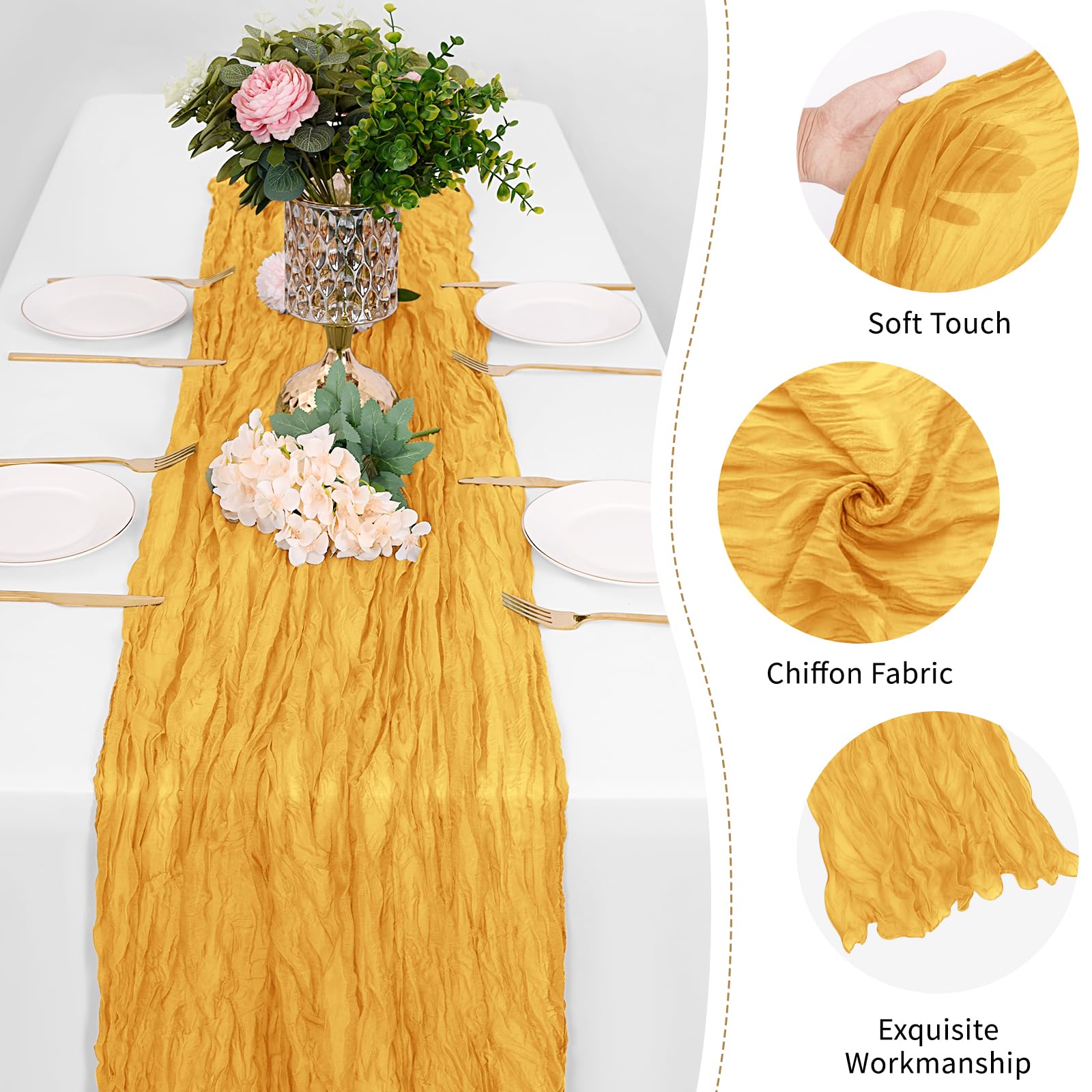 FANTEKE gold cheesecloth table runner used as chair ties for polished seating.