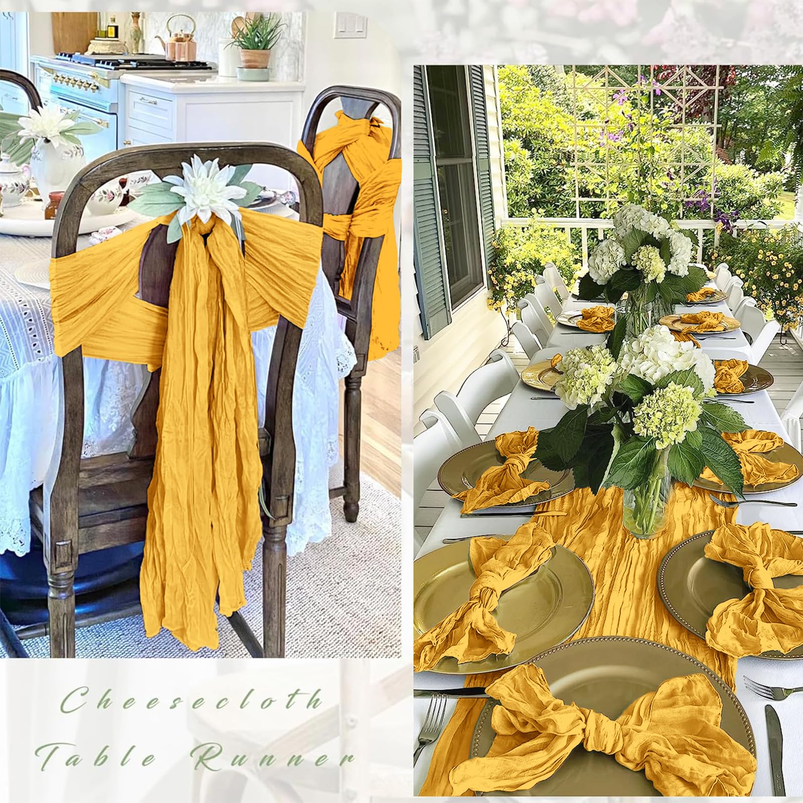 FANTEKE gold cheesecloth runner elegantly draped over a table for a romantic, semi-sheer finish.