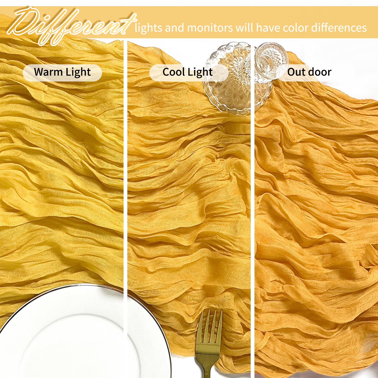 Wedding venue setup featuring FANTEKE gold cheesecloth runner to create a warm ambiance.