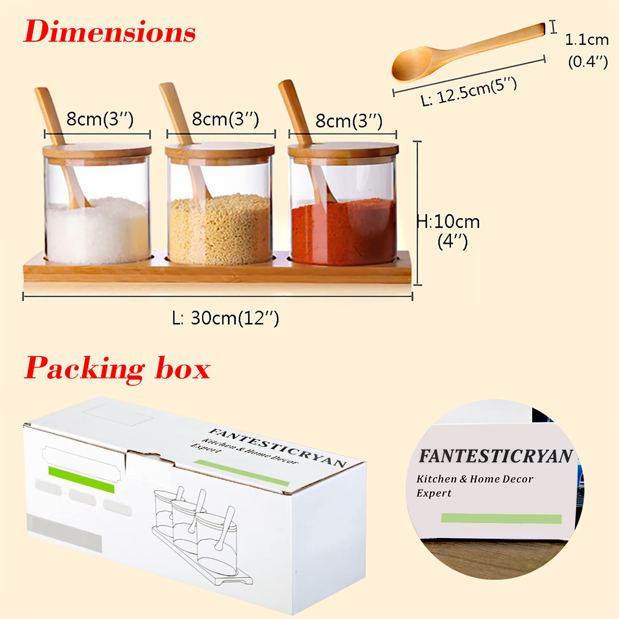 FANTESTICRYAN glass condiment canister with lid and spoon for precise seasoning.