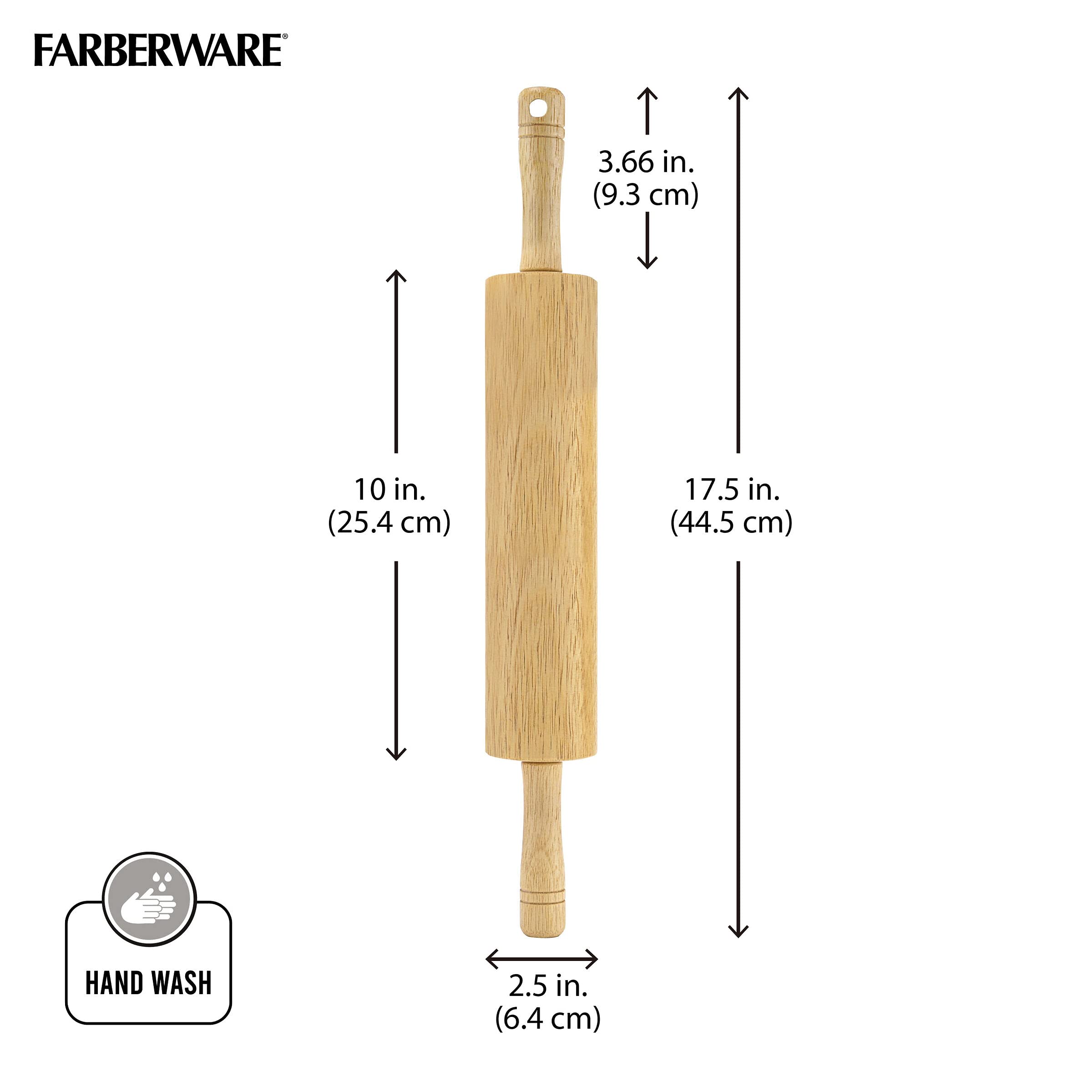 Farberware rolling pin easy maintenance with damp cloth and oil.