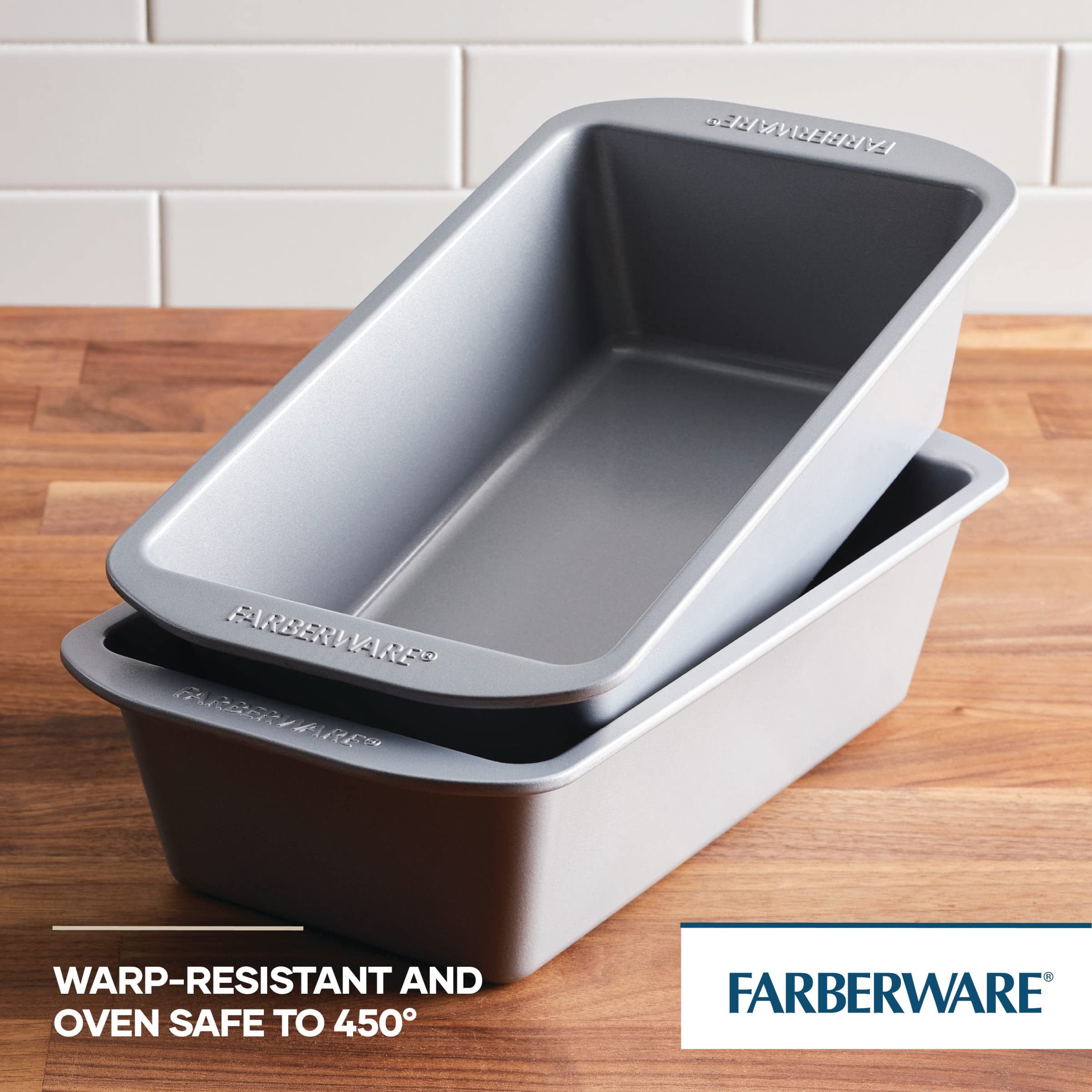 Farberware GoldenBake loaf pan oven safe to 450°F for versatile recipes.