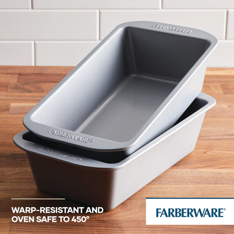 Farberware GoldenBake loaf pan oven safe to 450°F for versatile recipes.