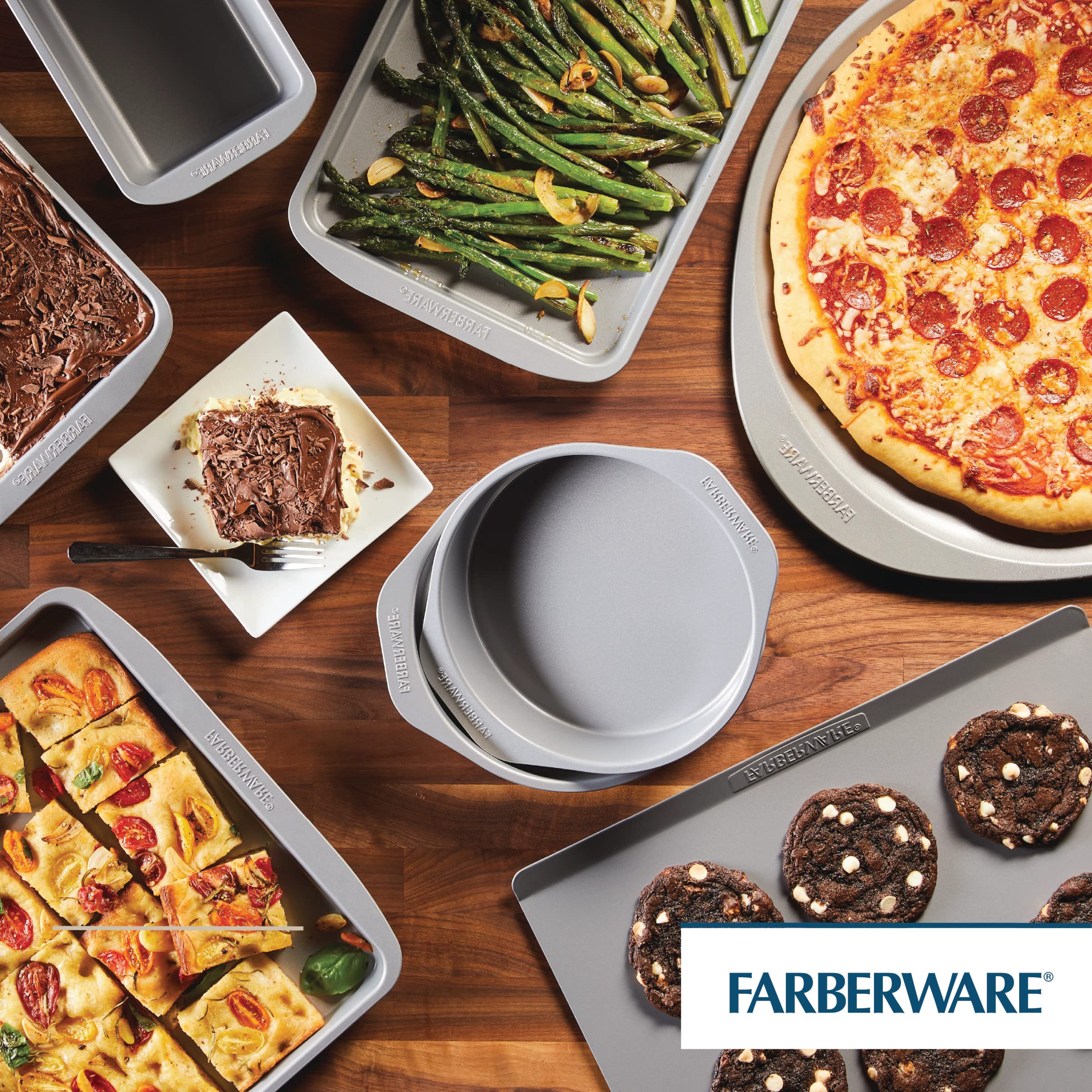 Farberware GoldenBake two 9x5 loaf pans for twin batches.