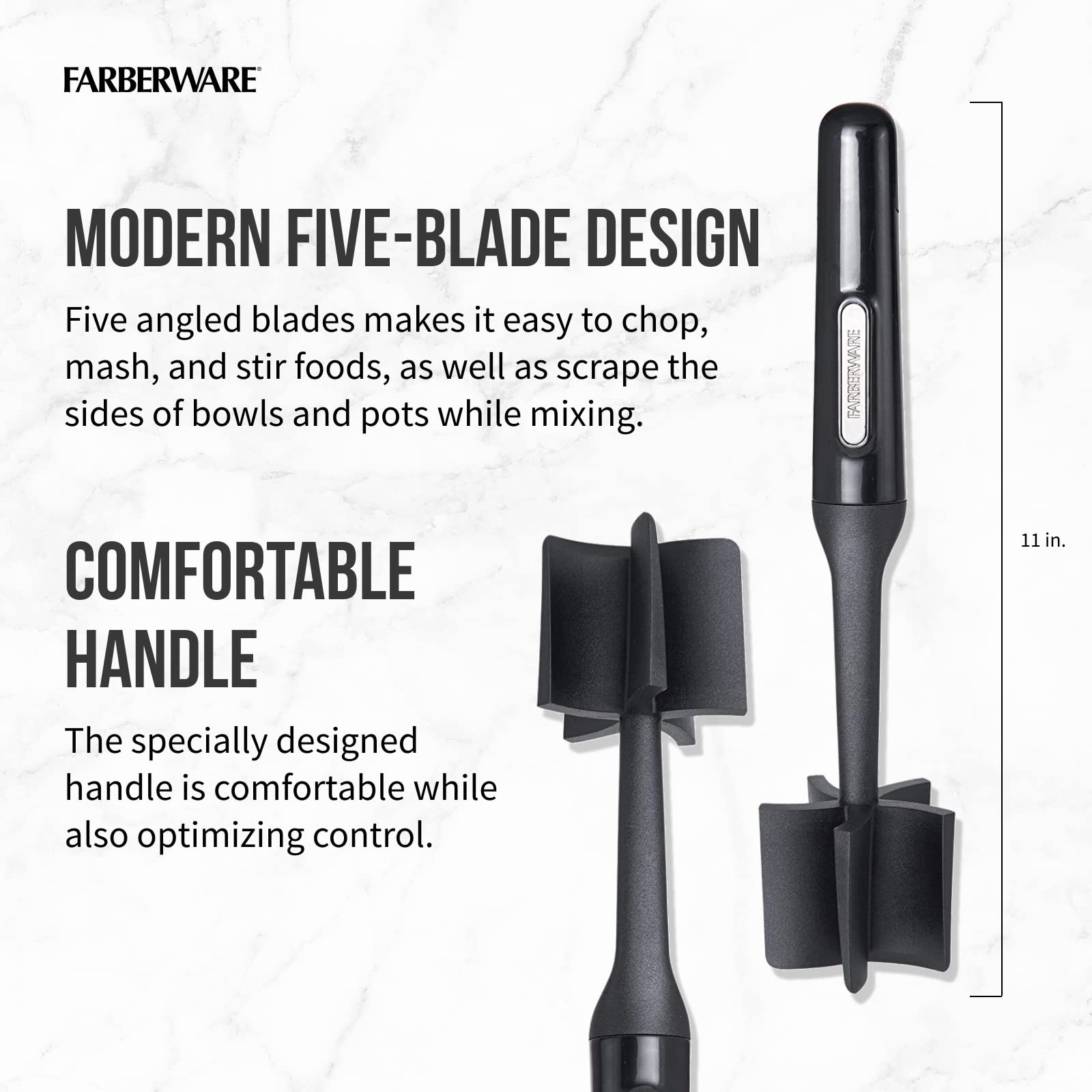 Farberware masher's angled blades scrape pan edges for even texture.