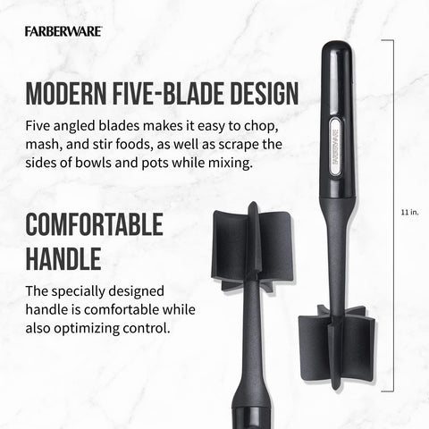 Farberware masher's angled blades scrape pan edges for even texture.
