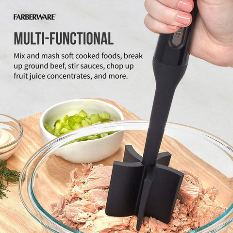 Farberware nylon masher with ergonomic handle provides a secure grip.