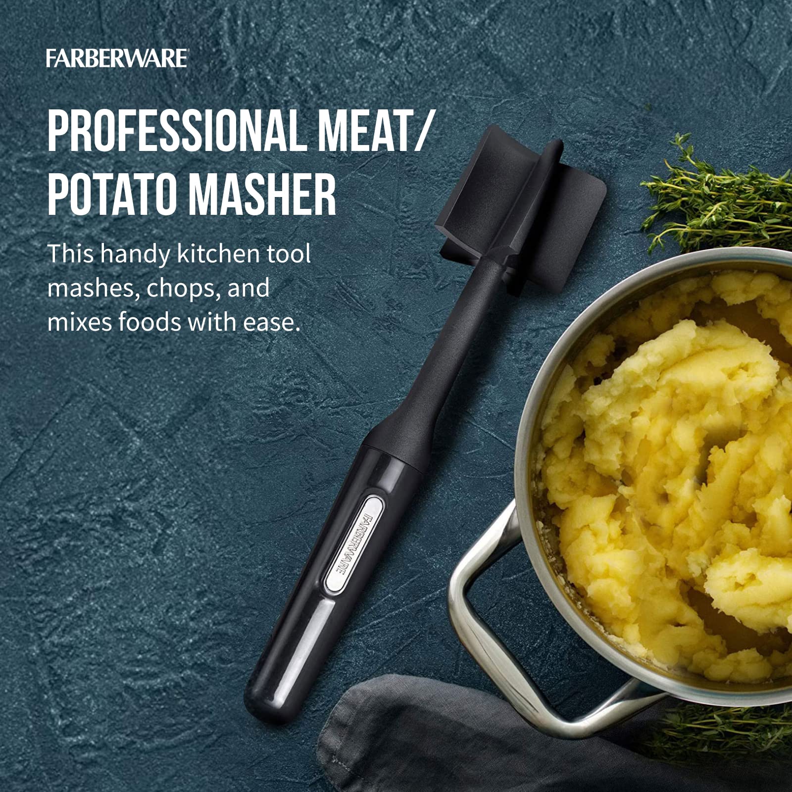 Farberware nylon masher withstands up to 450°F for in-pan mashing.