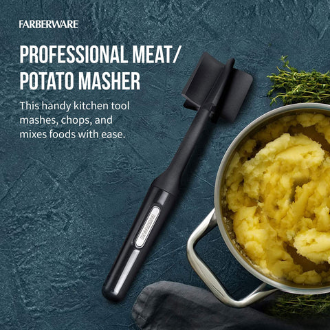 Farberware nylon masher withstands up to 450°F for in-pan mashing.
