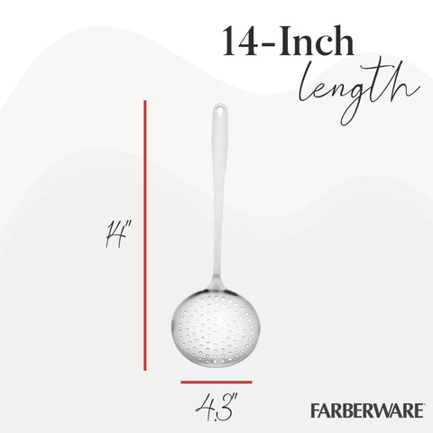 Farberware skimmer with hanging loop for convenient storage.
