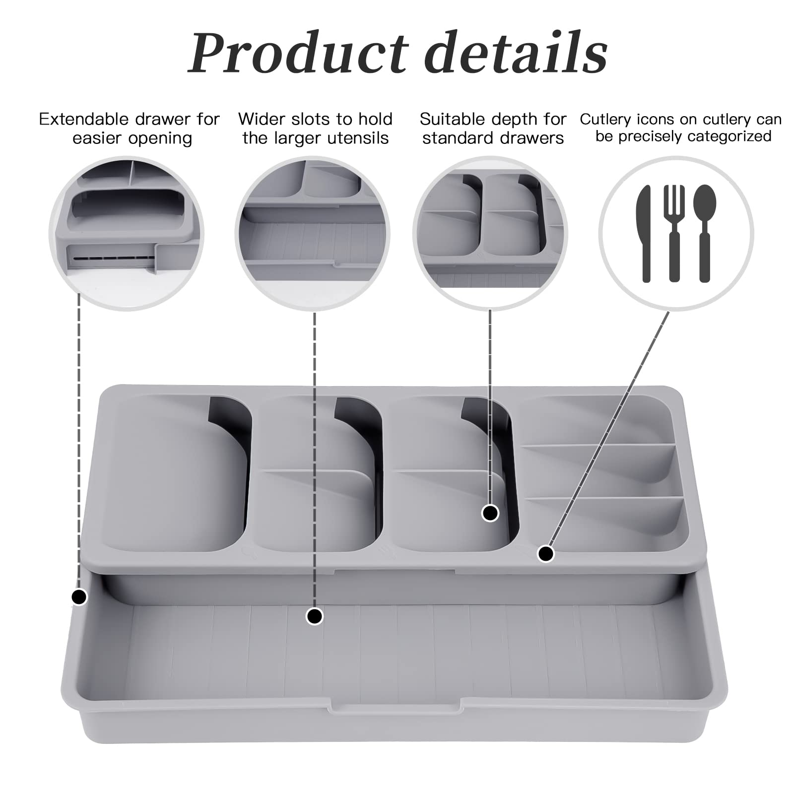 Faridabio organizer in-drawer side angle displaying double row compartments for utensils.