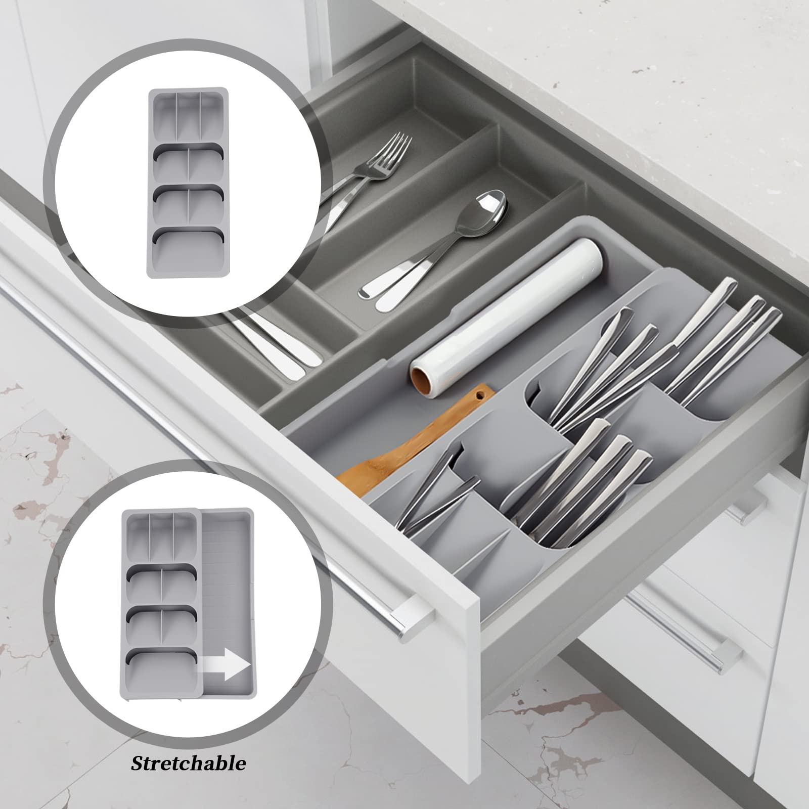 Faridabio expandable compartments close-up in a drawer for varied cutlery.