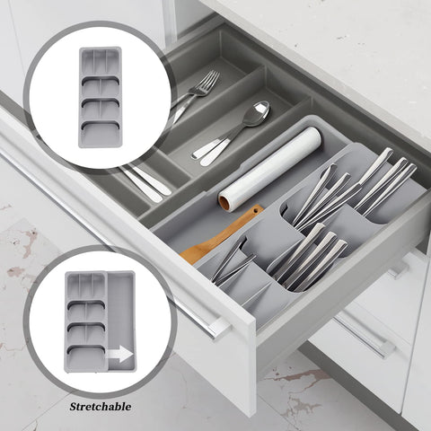 Faridabio expandable compartments close-up in a drawer for varied cutlery.
