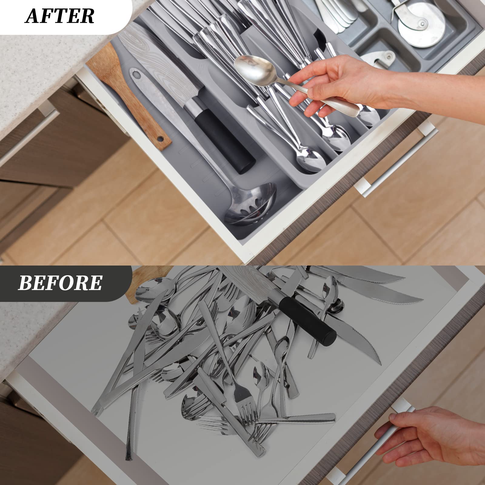 Faridabio interior compartments keeping forks and spoons neatly separated inside the drawer.