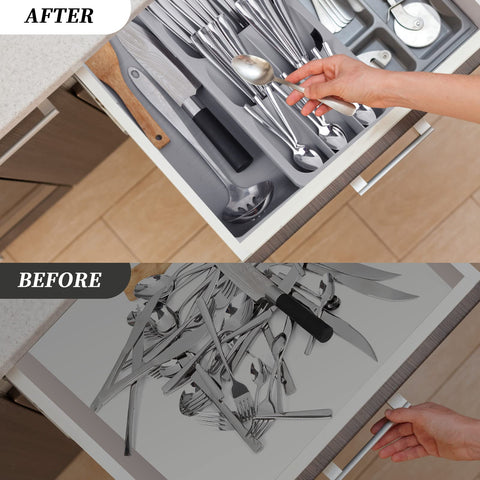 Faridabio interior compartments keeping forks and spoons neatly separated inside the drawer.