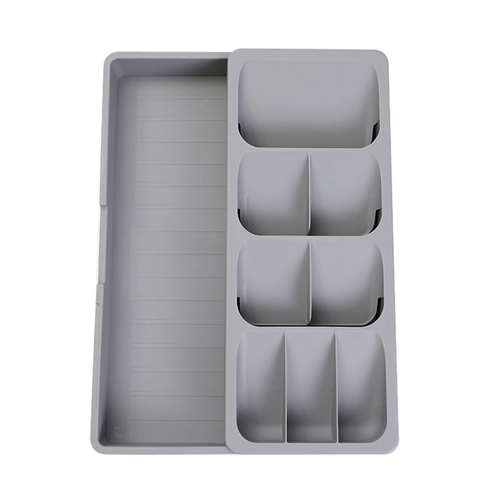Faridabio silverware organizer top view showing expandable compartments for neat cutlery.